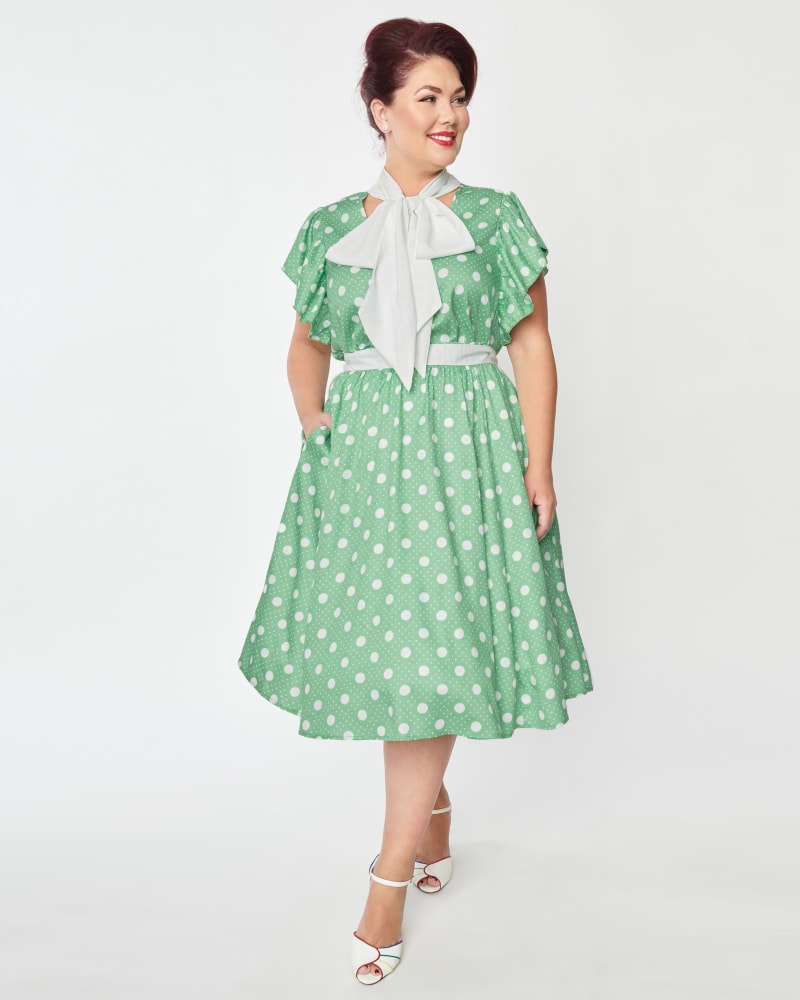 Unique Vintage Plus Size Sage White Polka Dot Flutter Swing Dress